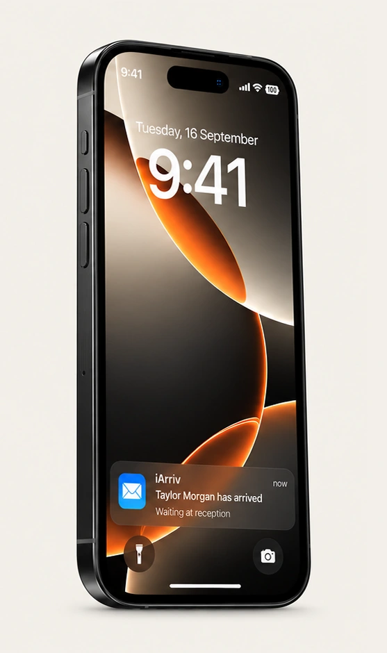 An iPhone notification from iArriv opening into a visitor arrival email